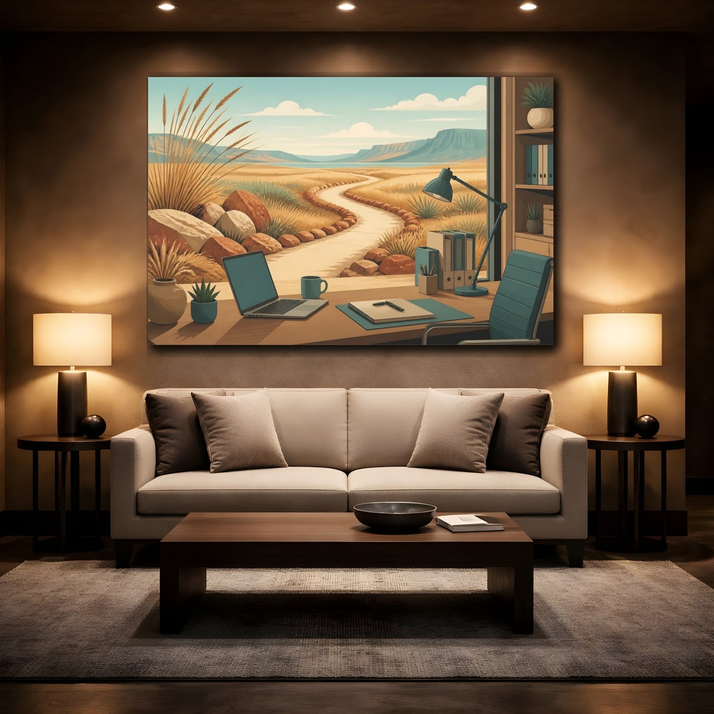 Mockup 2. Office Desk Desert View shown as canvas print