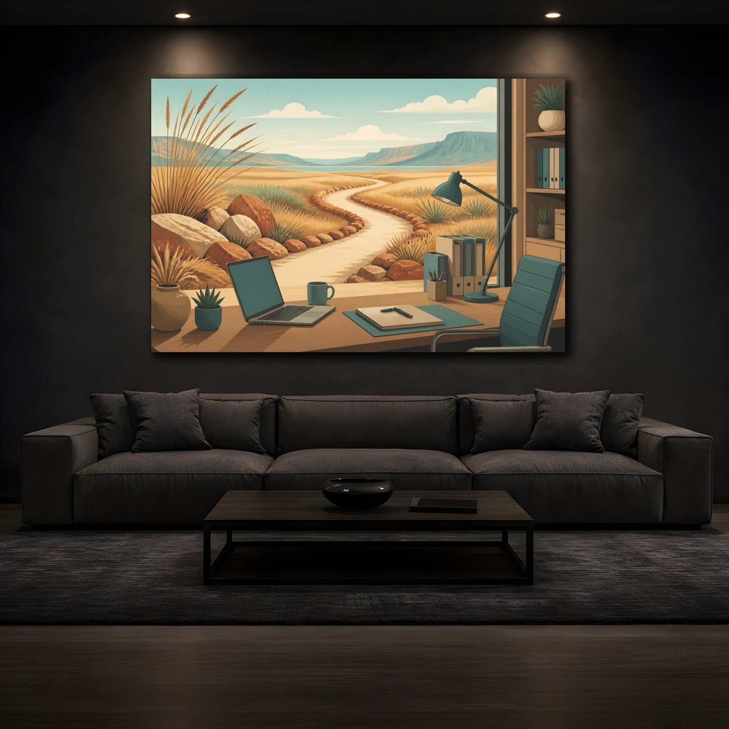 Mockup 3. Office Desk Desert View shown as canvas print