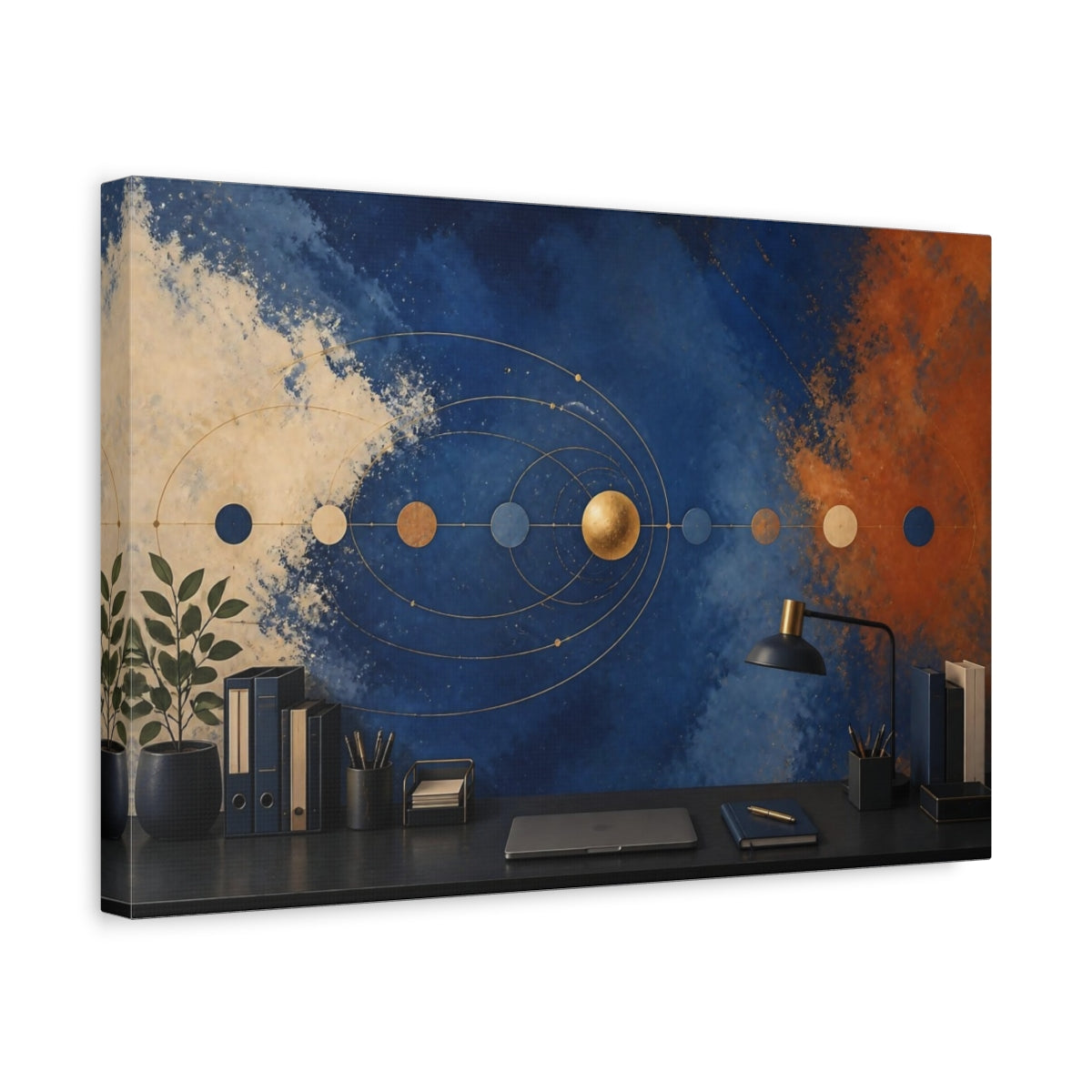 Side Mockup 4. Office Gold Planet shown as canvas print