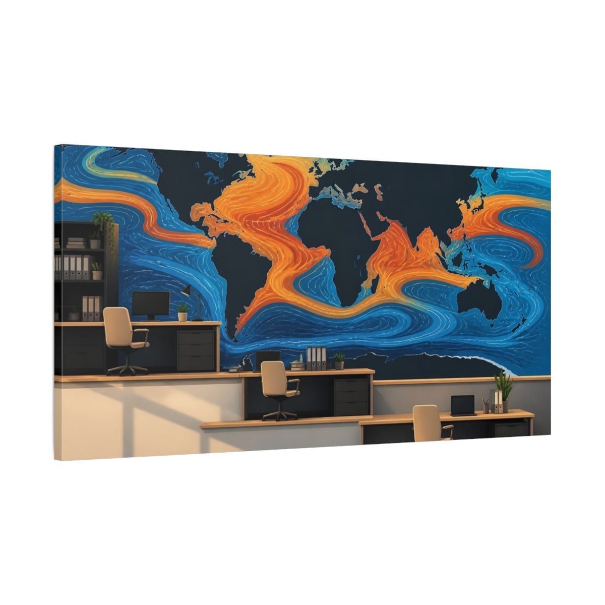 Main Mockup. Office Ocean Currents Map shown as canvas print