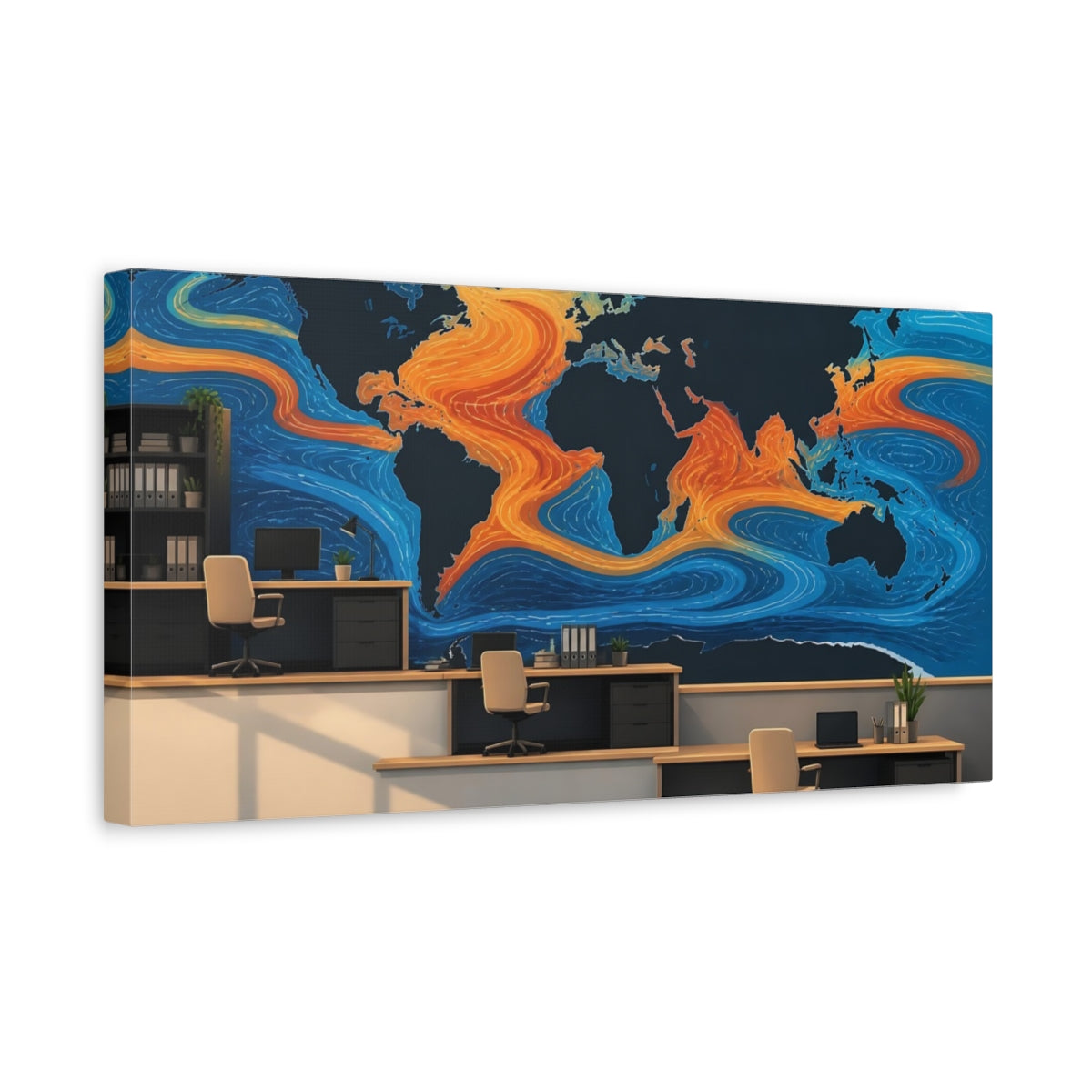 Side Mockup 3. Office Ocean Currents Map shown as canvas print