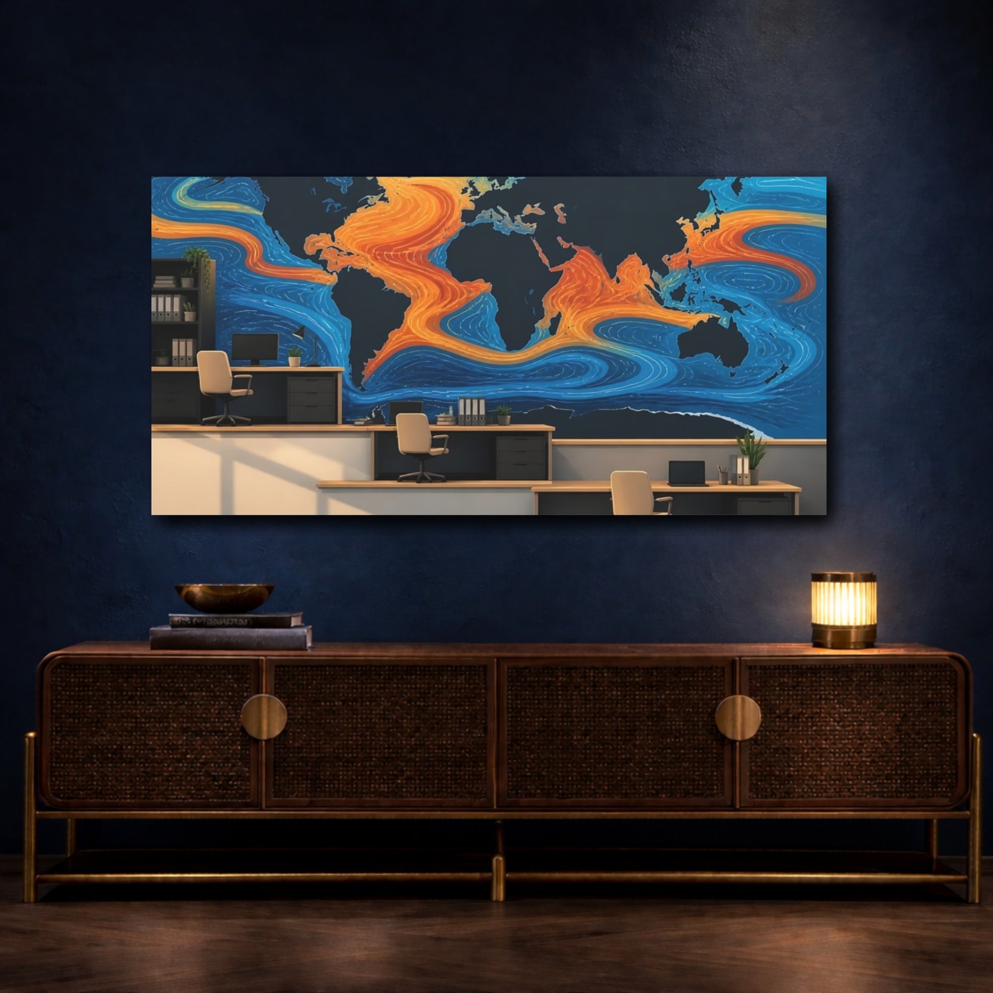 Mockup 4. Office Ocean Currents Map shown as canvas print
