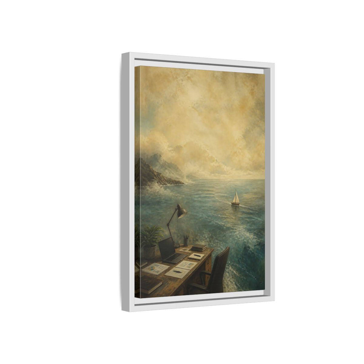 Side Mockup 4. Office Sailboat View shown as framed canvas print