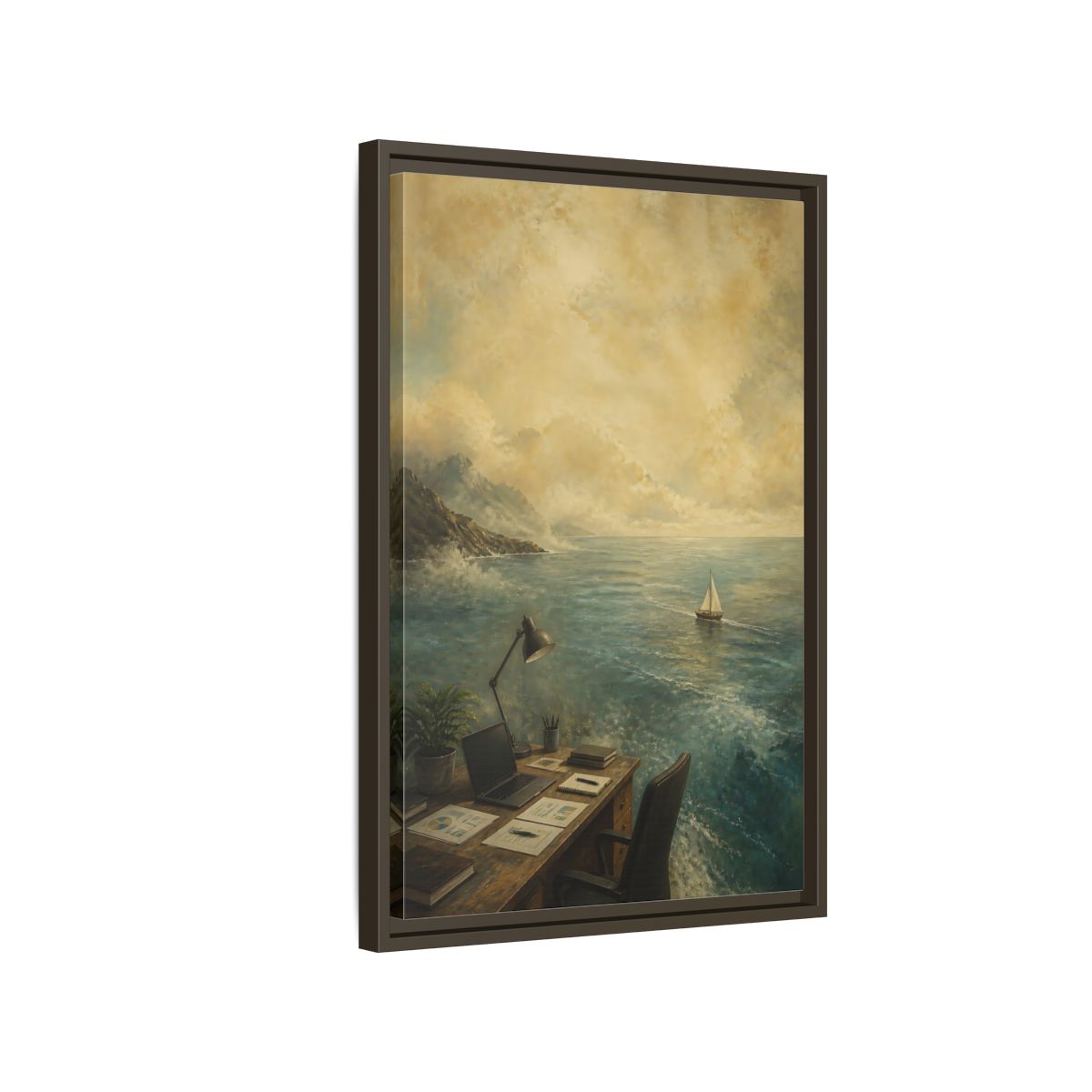 Side Mockup 2. Office Sailboat View shown as framed canvas print