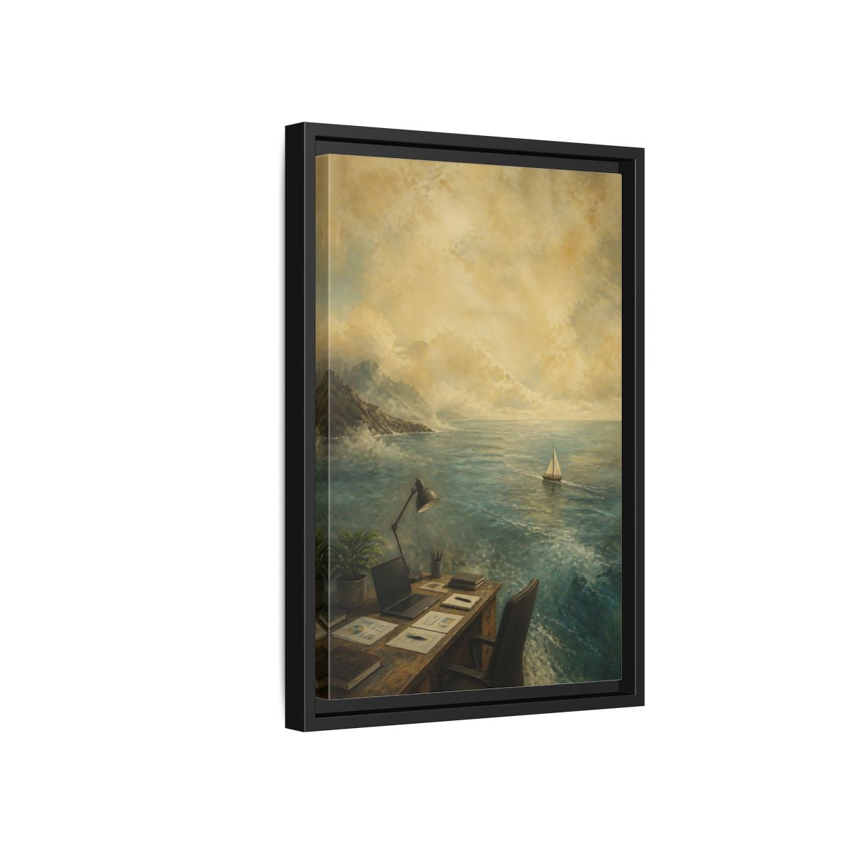Side Mockup 6. Office Sailboat View shown as framed canvas print