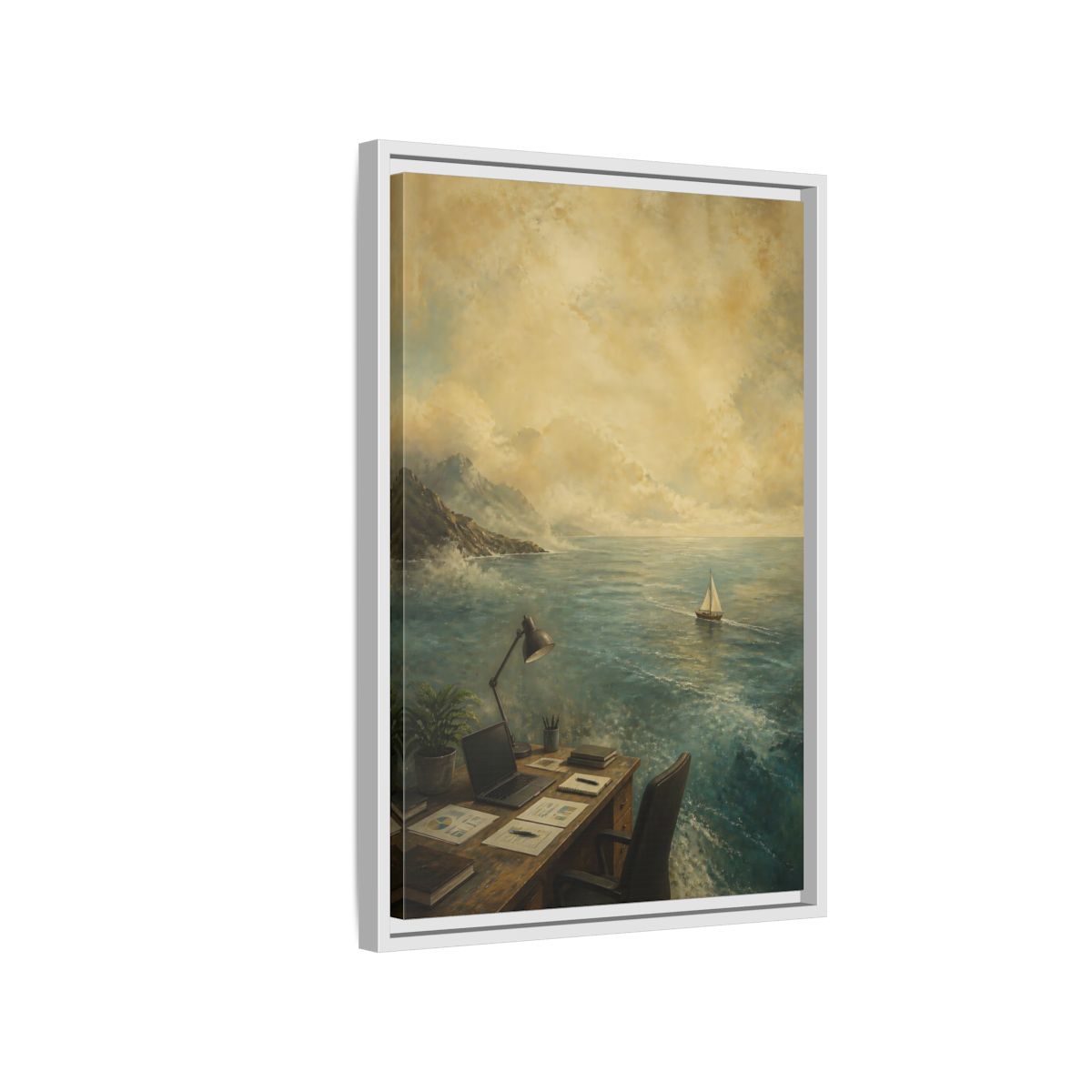 Side Mockup 1. Office Sailboat View shown as framed canvas print