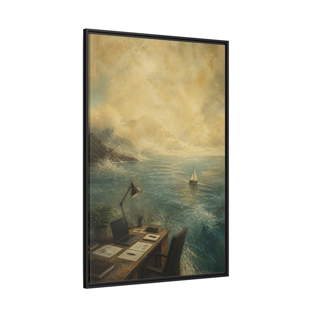 Side Mockup 12. Office Sailboat View shown as framed canvas print
