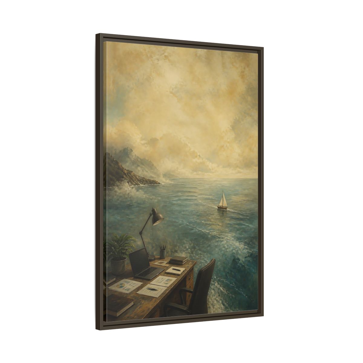 Main Mockup. Office Sailboat View shown as framed canvas print