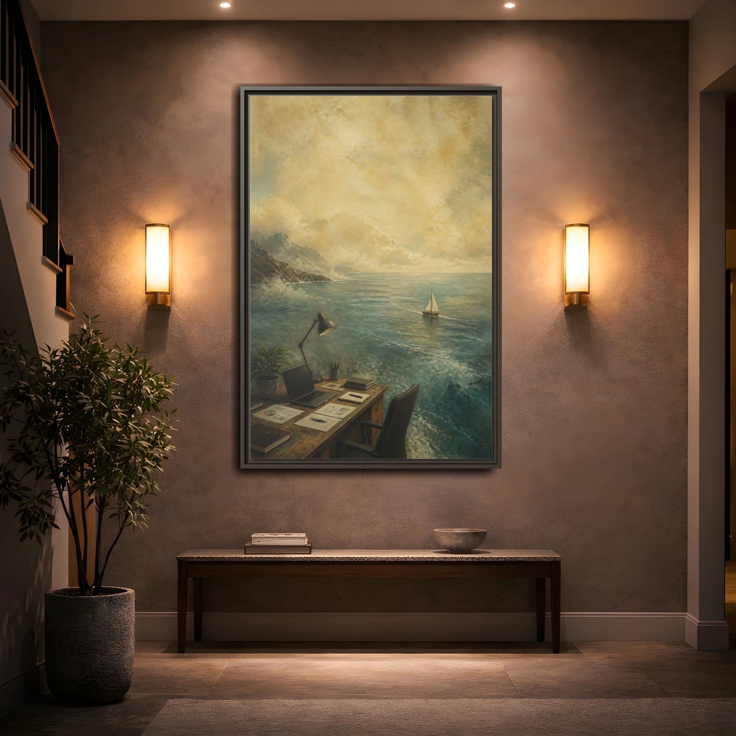 Mockup 2. Office Sailboat View shown as framed canvas print