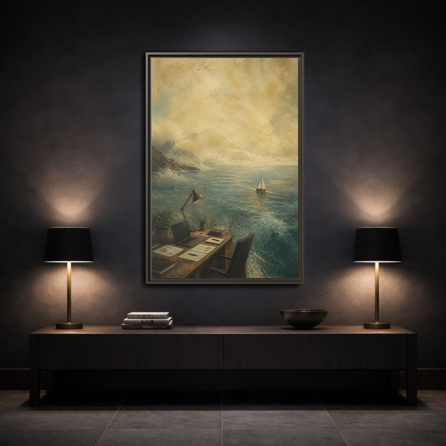 Mockup 3. Office Sailboat View shown as framed canvas print