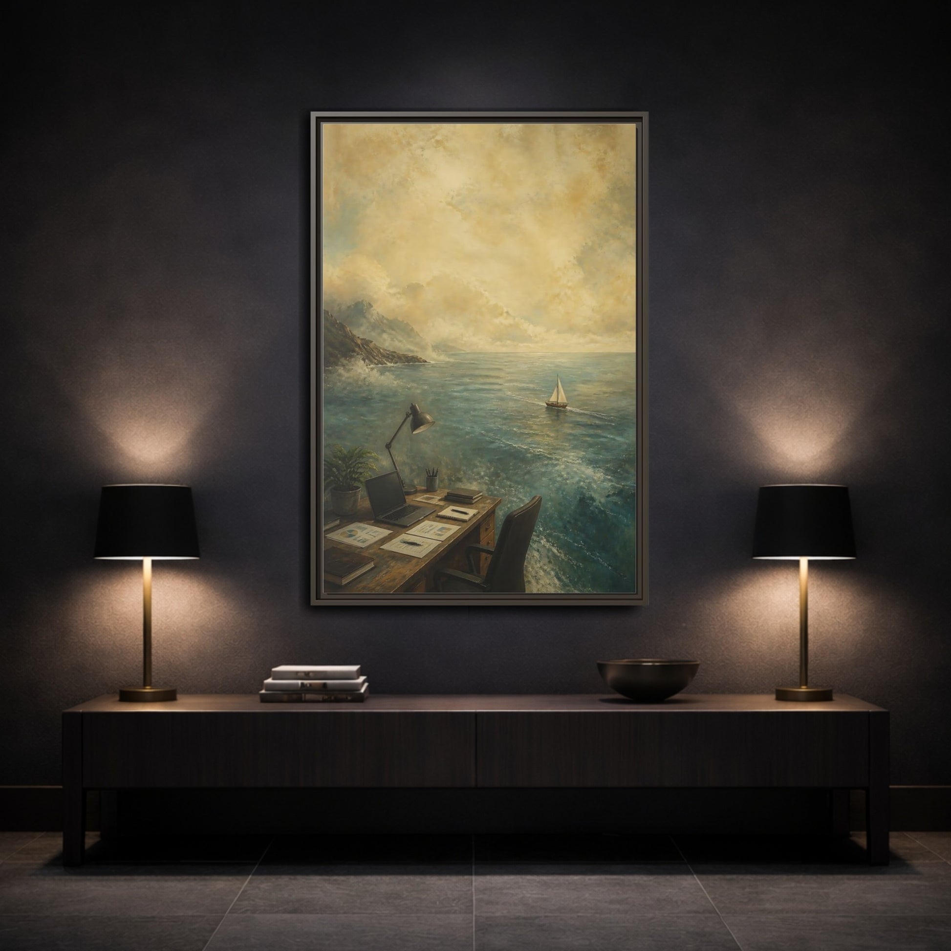 Mockup 3. Office Sailboat View shown as framed canvas print