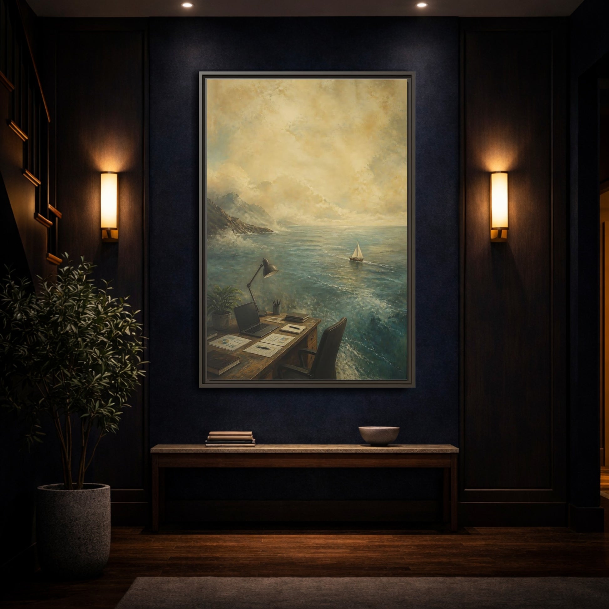Mockup 4. Office Sailboat View shown as framed canvas print