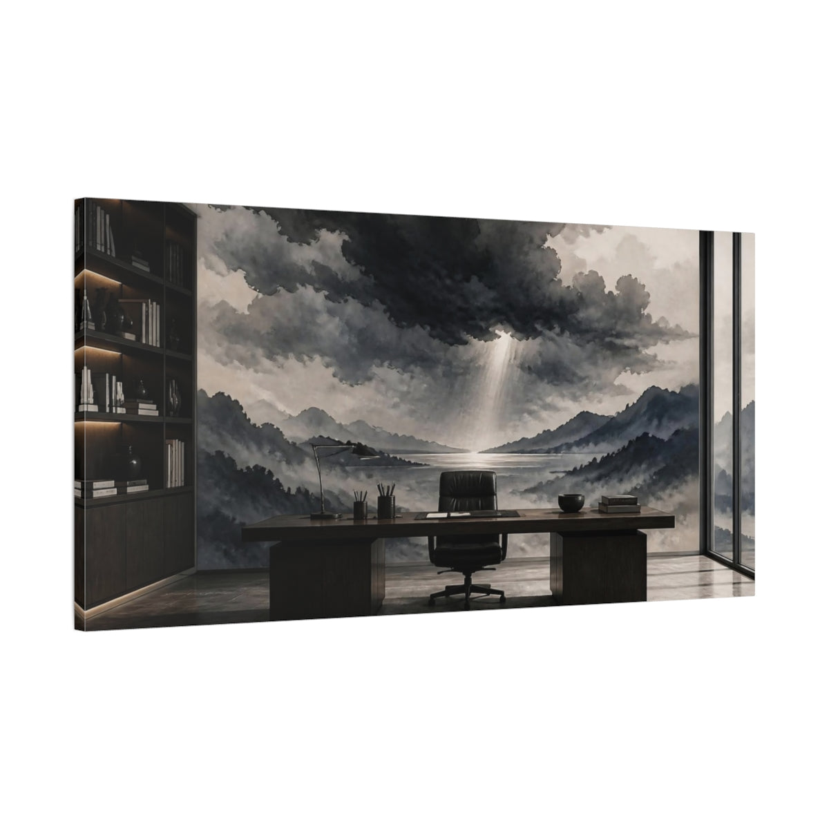 Main Mockup. Office Storm Cloud Mural shown as canvas print