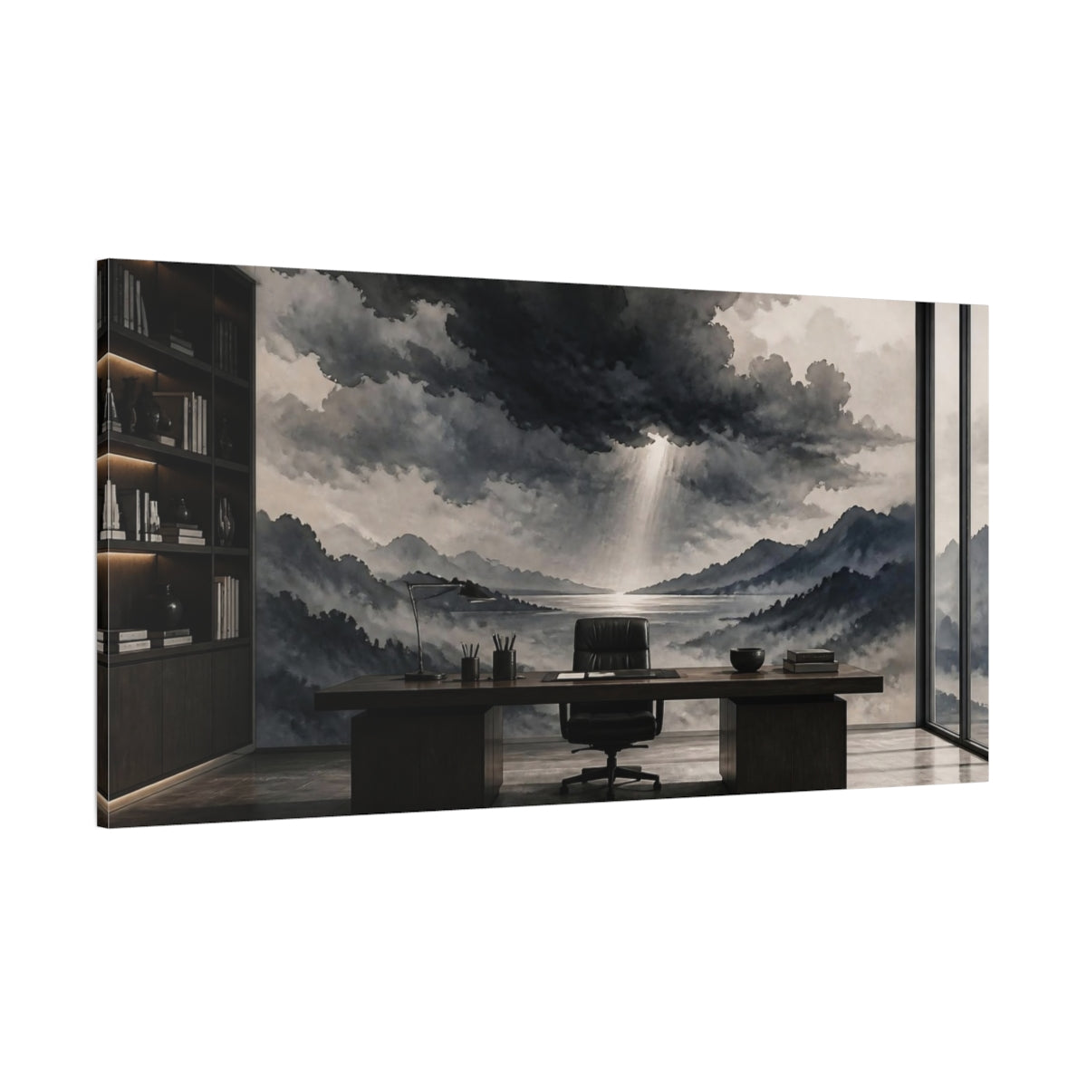 Side Mockup 2. Office Storm Cloud Mural shown as canvas print