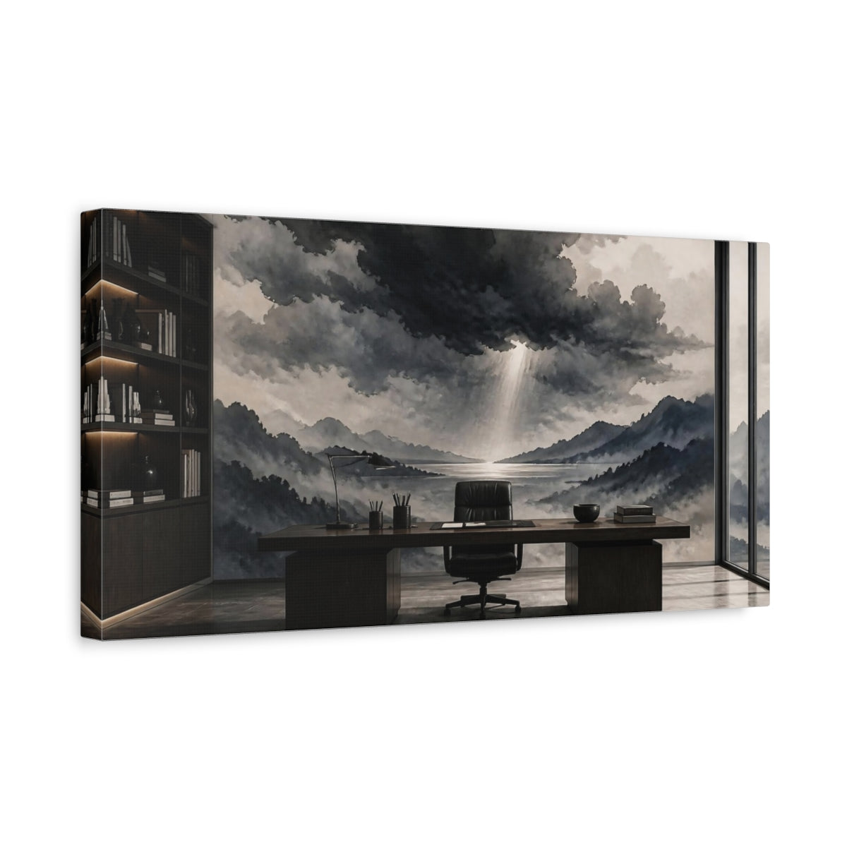 Side Mockup 3. Office Storm Cloud Mural shown as canvas print