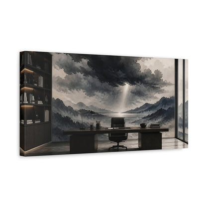 Side Mockup 3. Office Storm Cloud Mural shown as canvas print