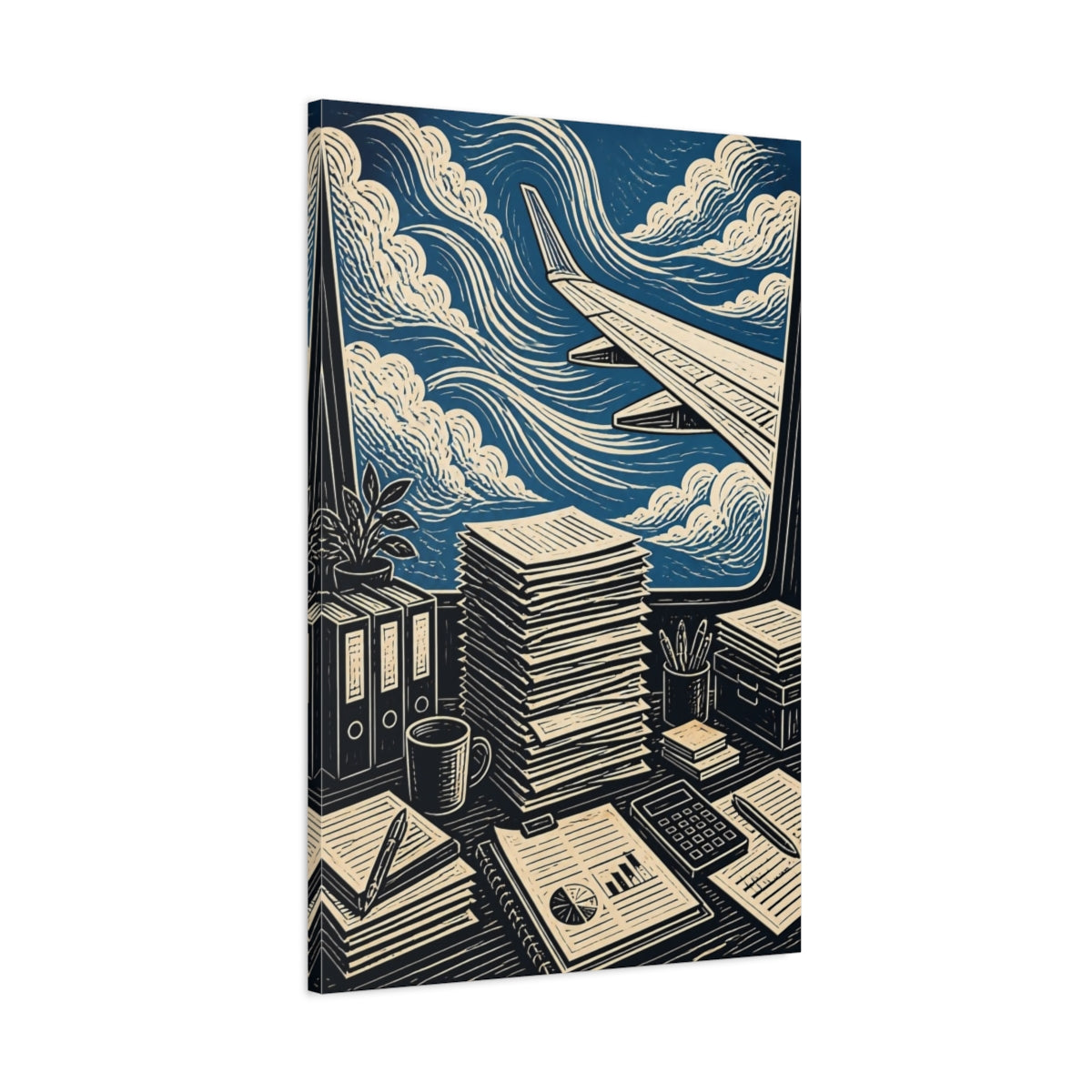 Main Mockup. Office View: Airplane Wing shown as canvas print