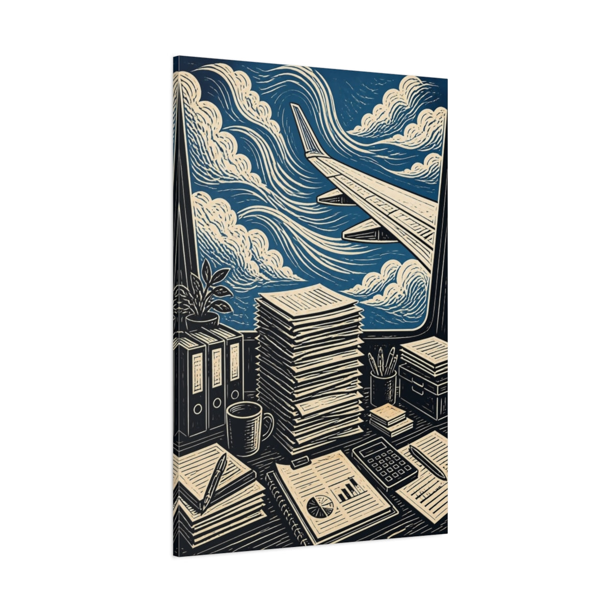 Side Mockup 1. Office View: Airplane Wing shown as canvas print