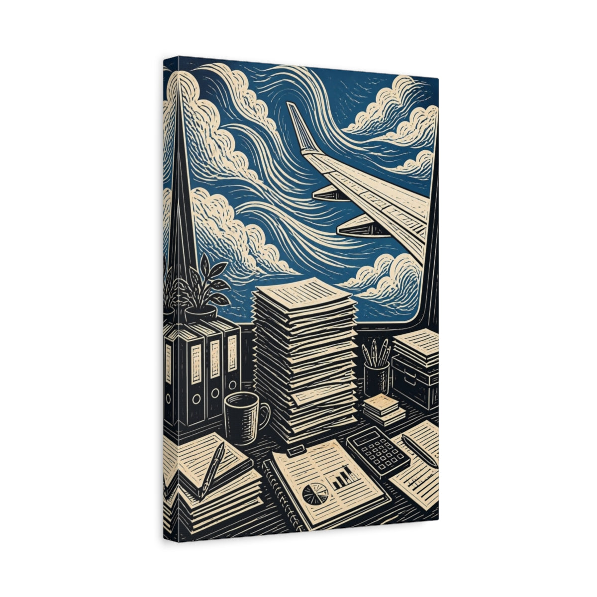Side Mockup 4. Office View: Airplane Wing shown as canvas print