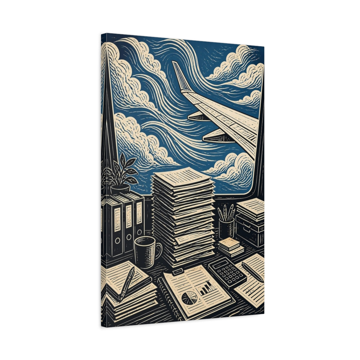 Side Mockup 2. Office View: Airplane Wing shown as canvas print
