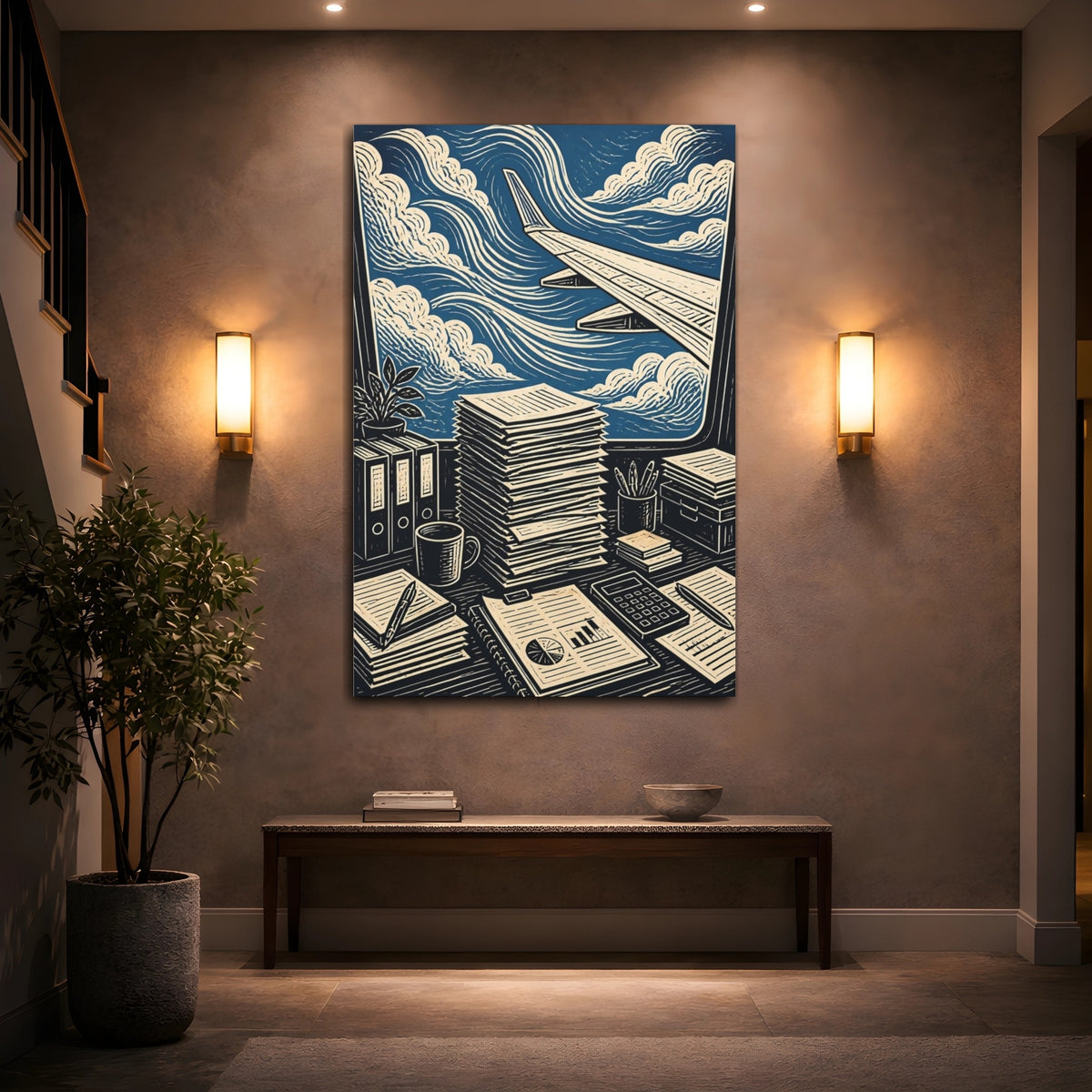 Mockup 2. Office View: Airplane Wing shown as canvas print