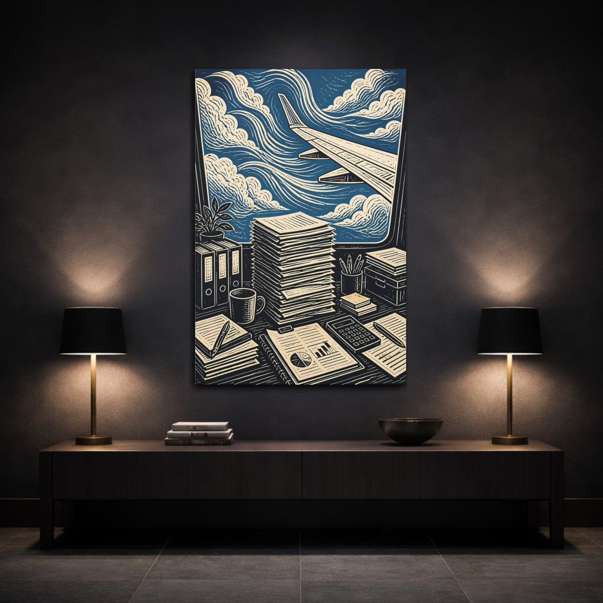 Mockup 3. Office View: Airplane Wing shown as canvas print