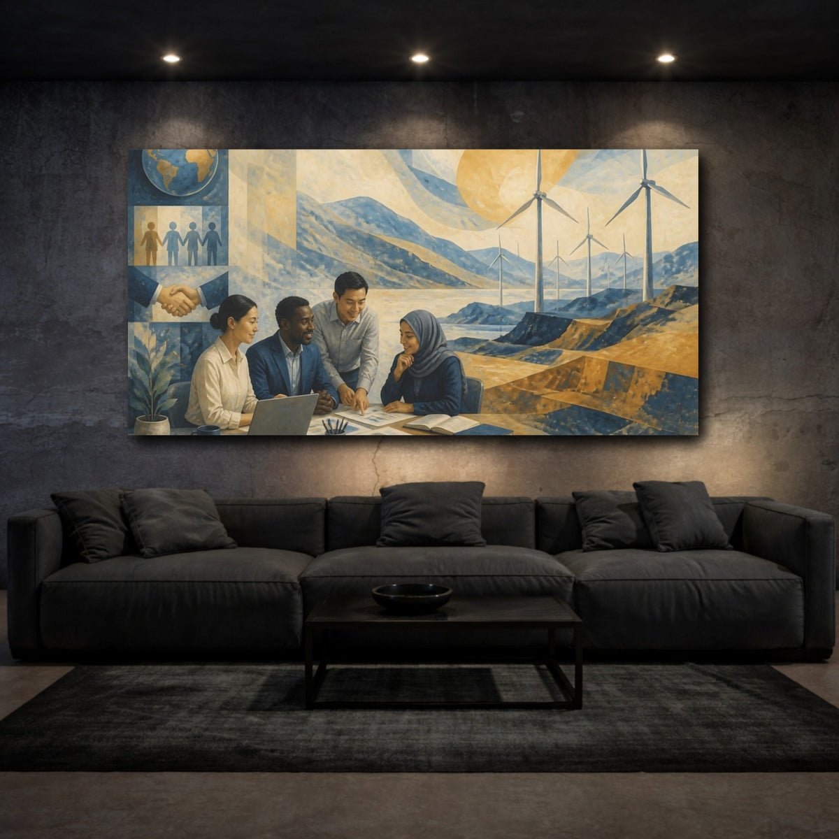 Mockup 3. Office Wind Turbines Mural shown as canvas print