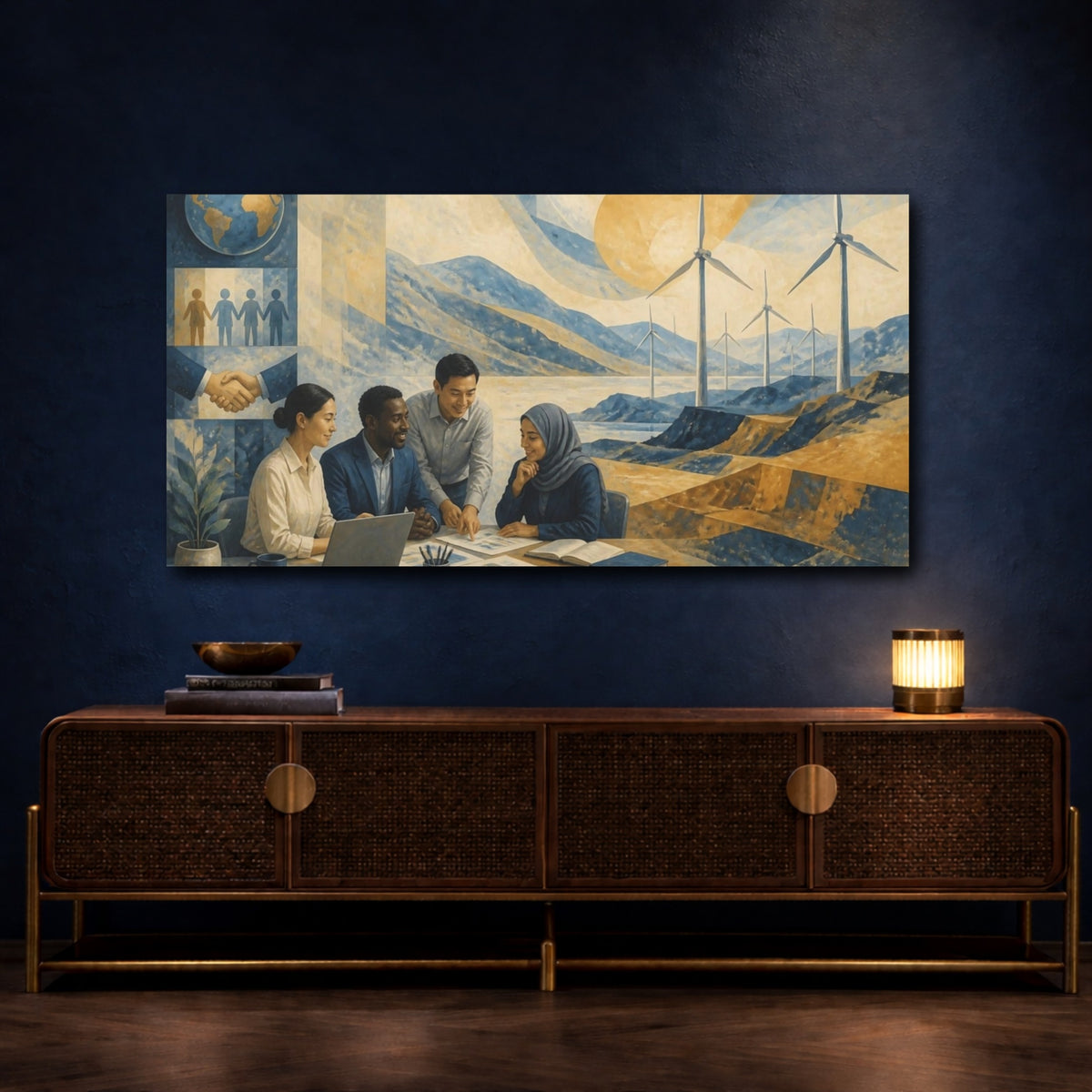 Mockup 4. Office Wind Turbines Mural shown as canvas print