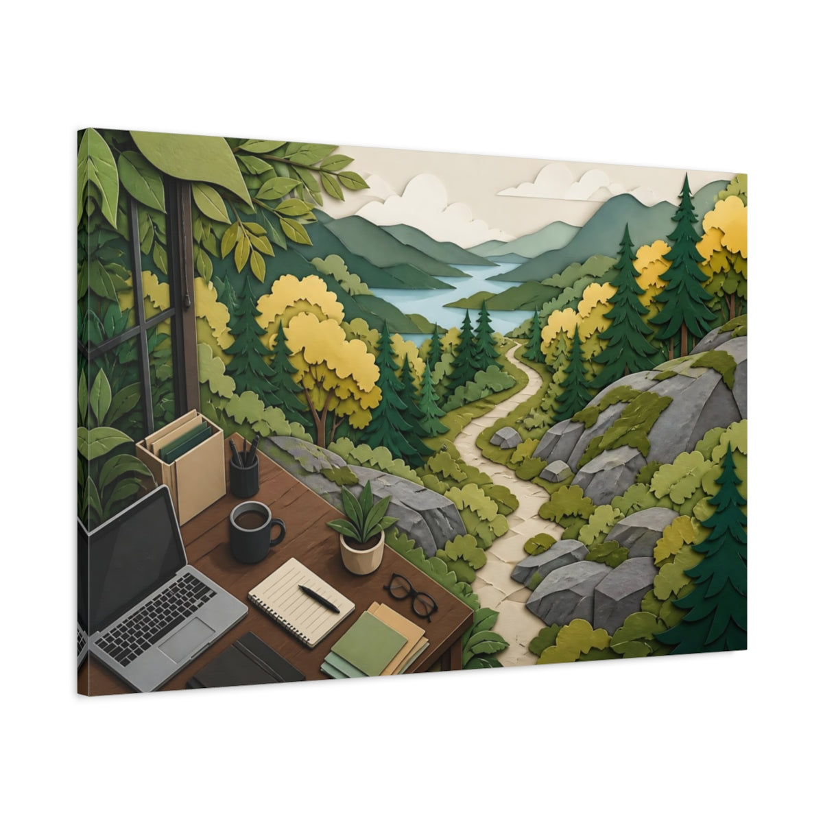 Main Mockup. Office Window Trail View shown as canvas print