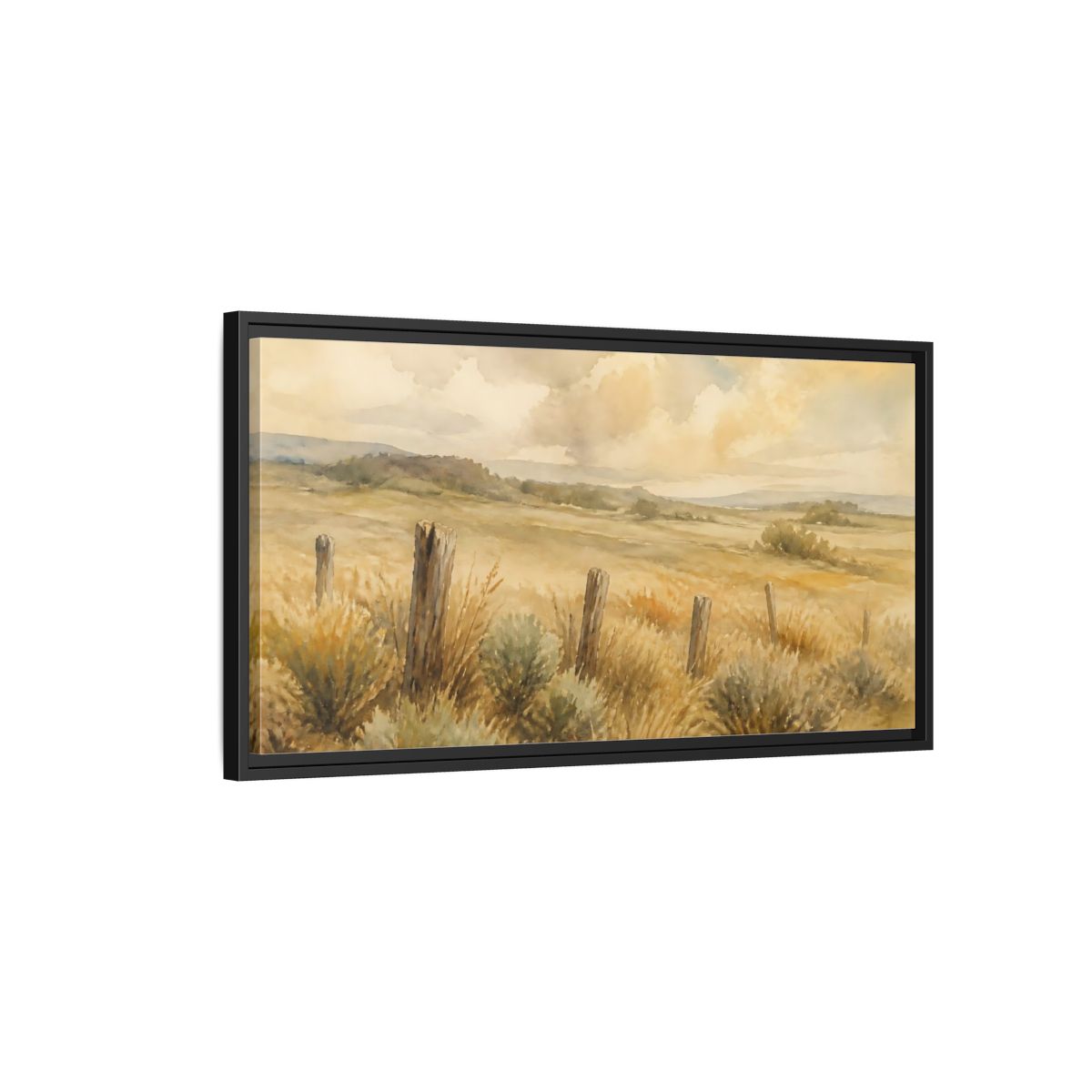Side Mockup 2. Old Fence In Meadow shown as framed canvas print