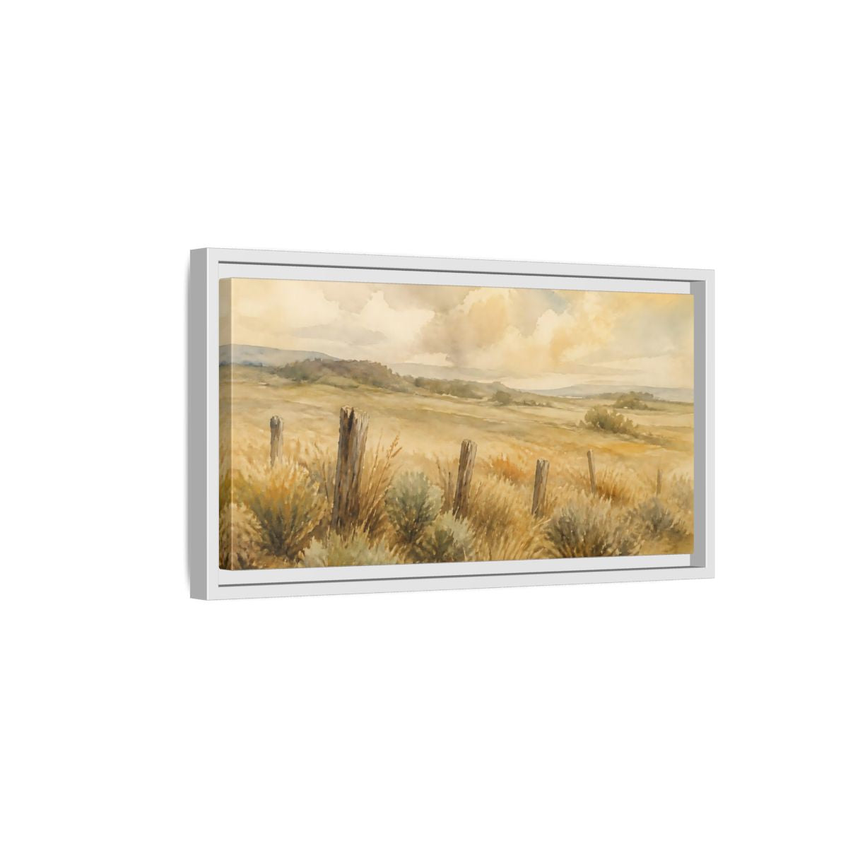 Side Mockup 6. Old Fence In Meadow shown as framed canvas print