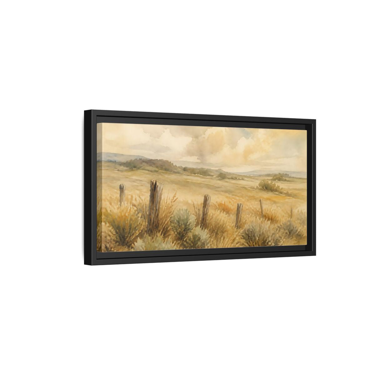 Side Mockup 8. Old Fence In Meadow shown as framed canvas print