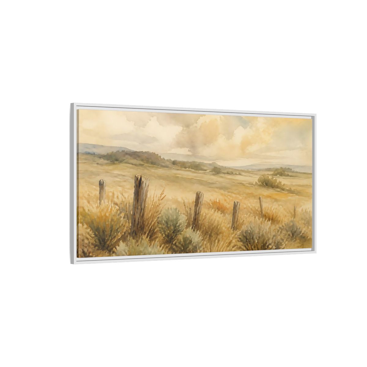 Side Mockup 3. Old Fence In Meadow shown as framed canvas print