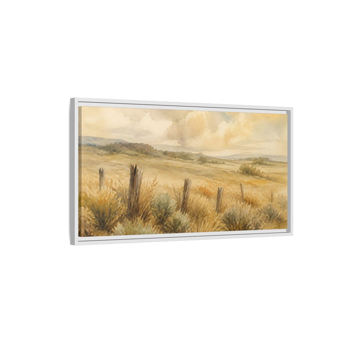 Side Mockup 1. Old Fence In Meadow shown as framed canvas print