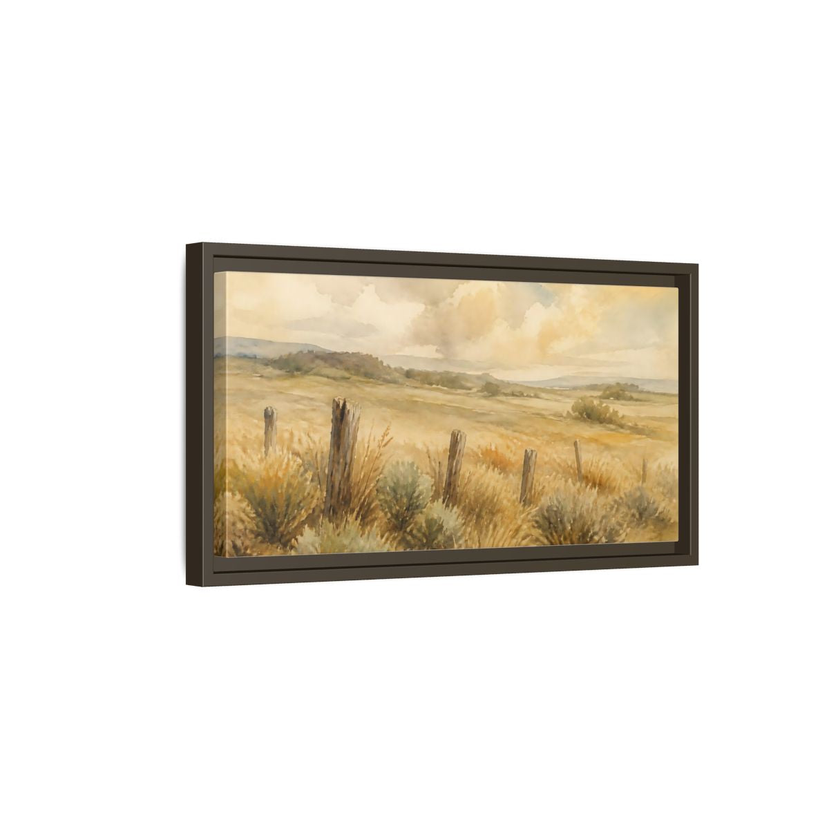 Side Mockup 7. Old Fence In Meadow shown as framed canvas print