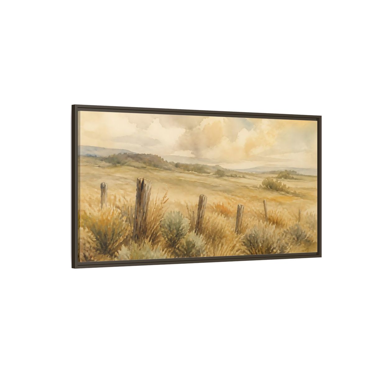Side Mockup 4. Old Fence In Meadow shown as framed canvas print