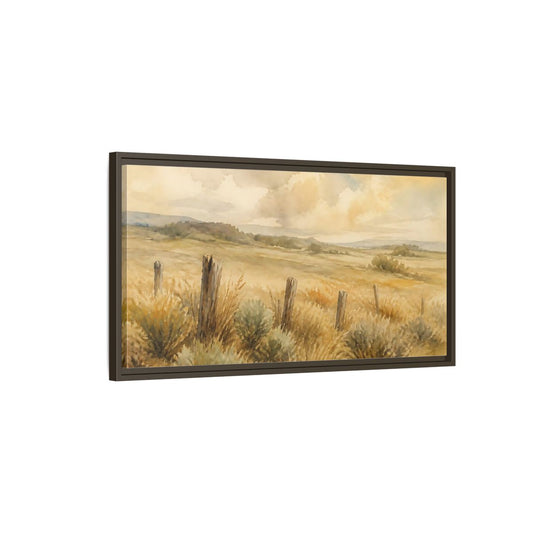 Main Mockup. Old Fence In Meadow shown as framed canvas print