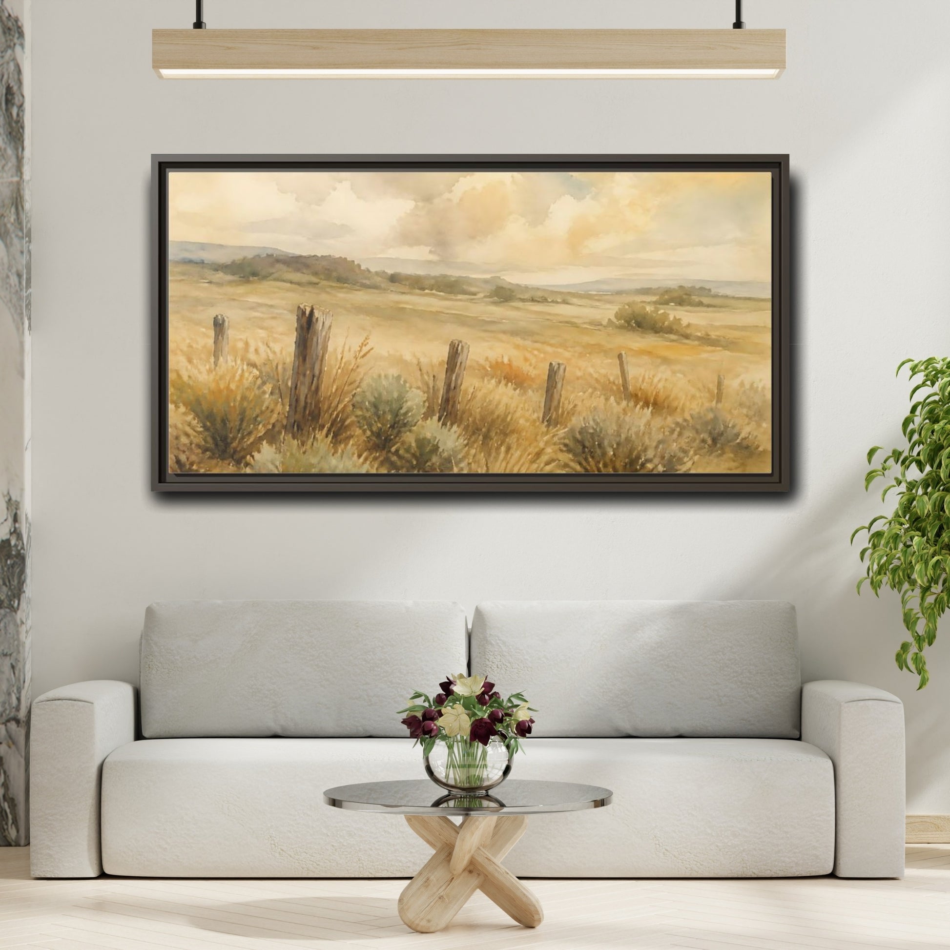 Mockup 2. Old Fence In Meadow shown as framed canvas print