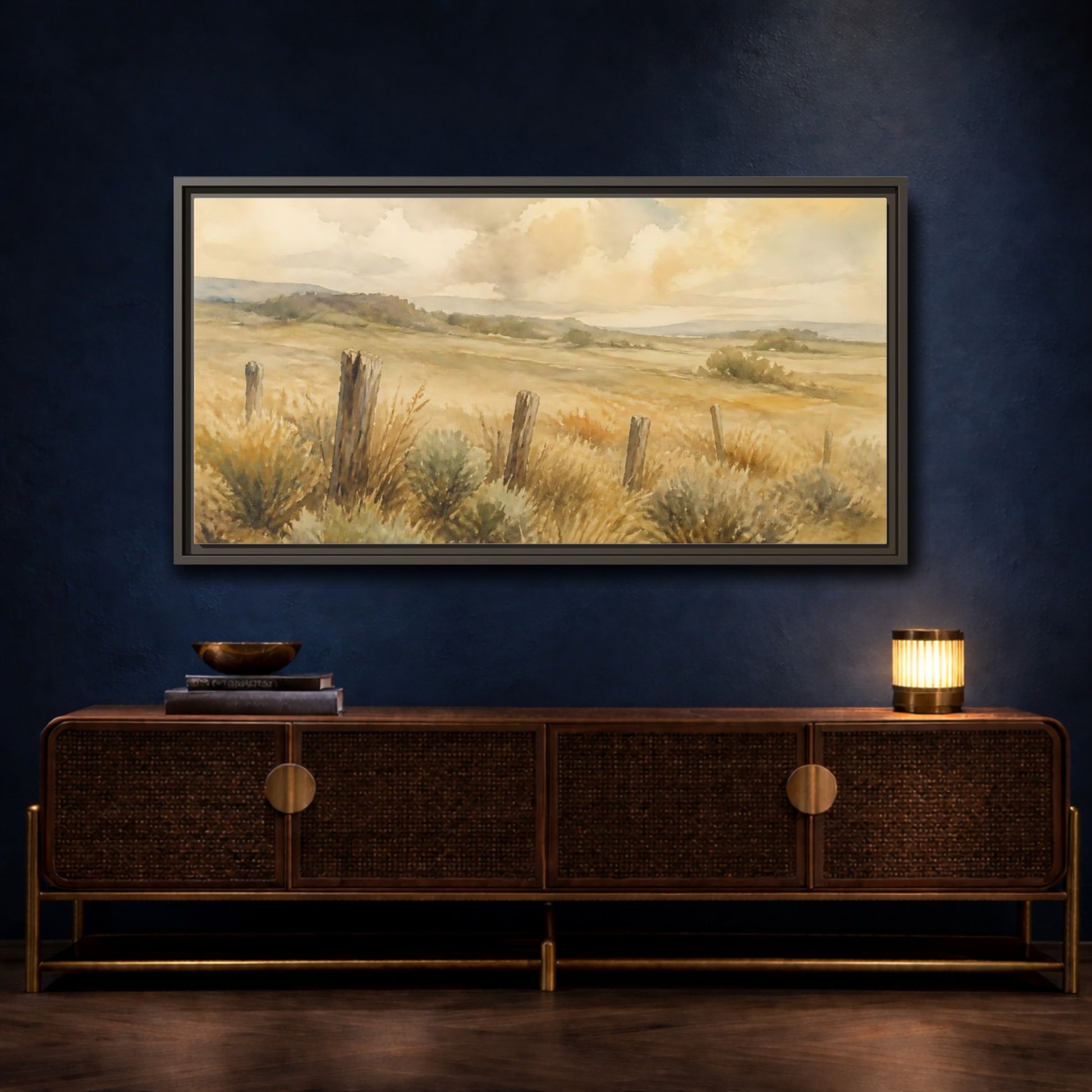Mockup 4. Old Fence In Meadow shown as framed canvas print