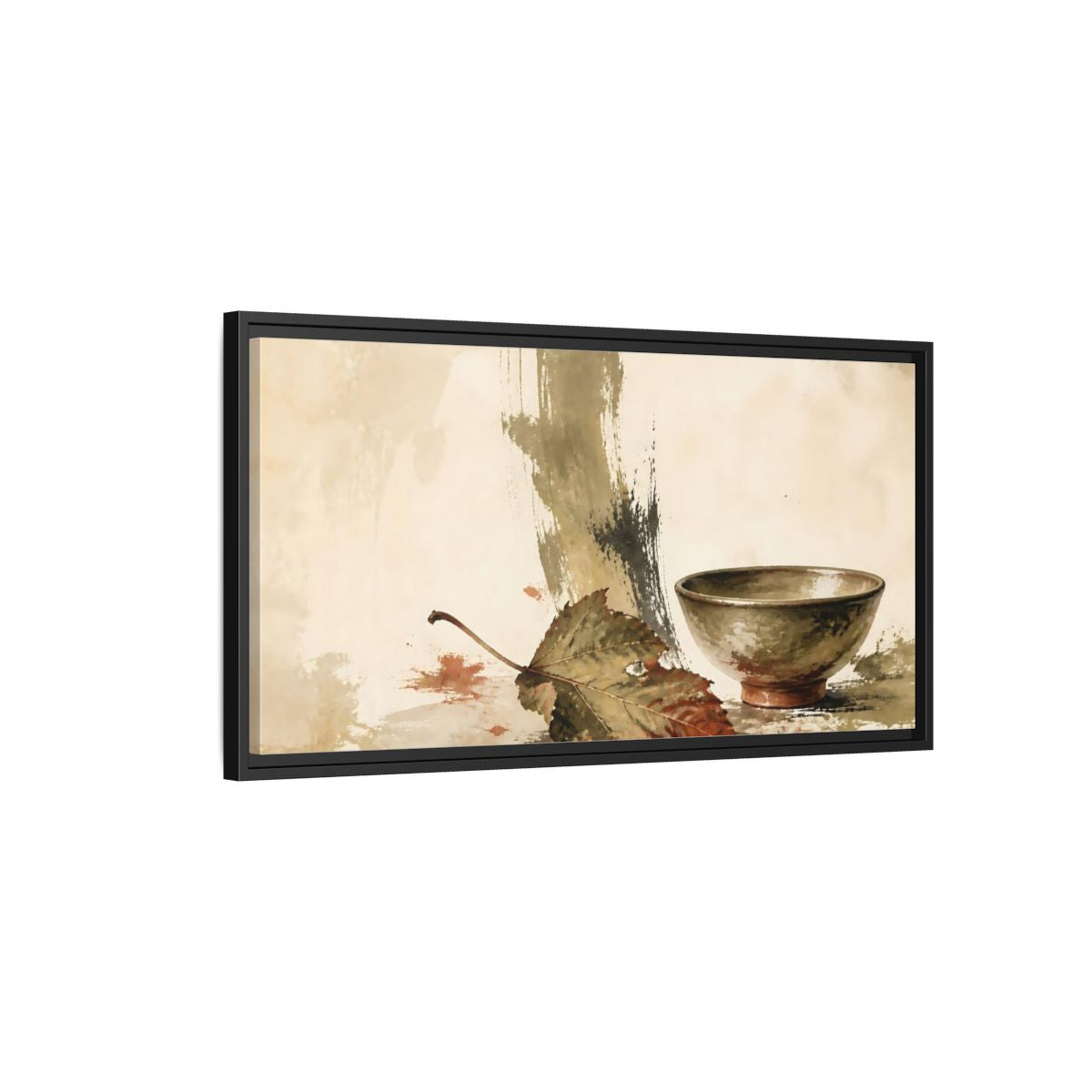 Side Mockup 2. Olive Bowl With Dried Leaf shown as framed canvas print