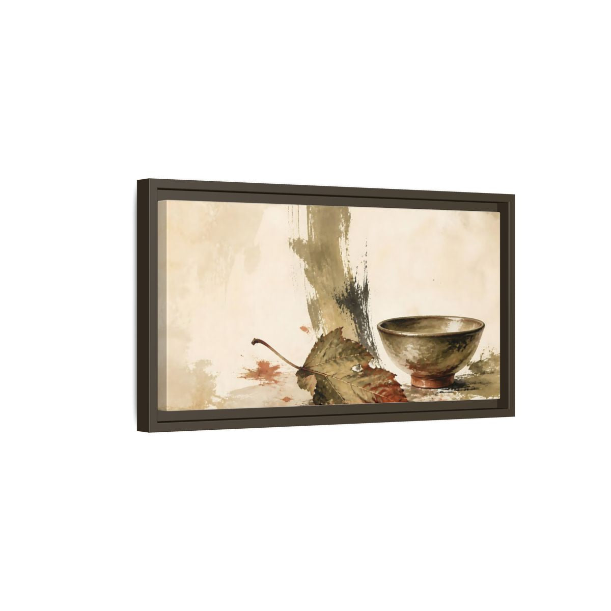 Side Mockup 7. Olive Bowl With Dried Leaf shown as framed canvas print