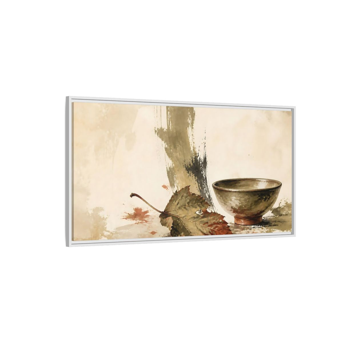 Side Mockup 3. Olive Bowl With Dried Leaf shown as framed canvas print