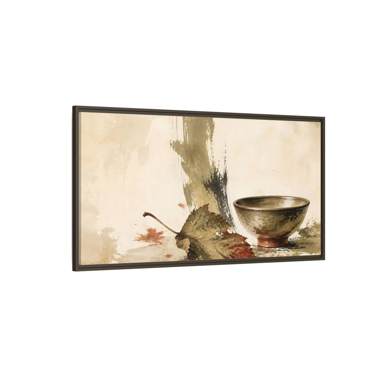 Side Mockup 4. Olive Bowl With Dried Leaf shown as framed canvas print