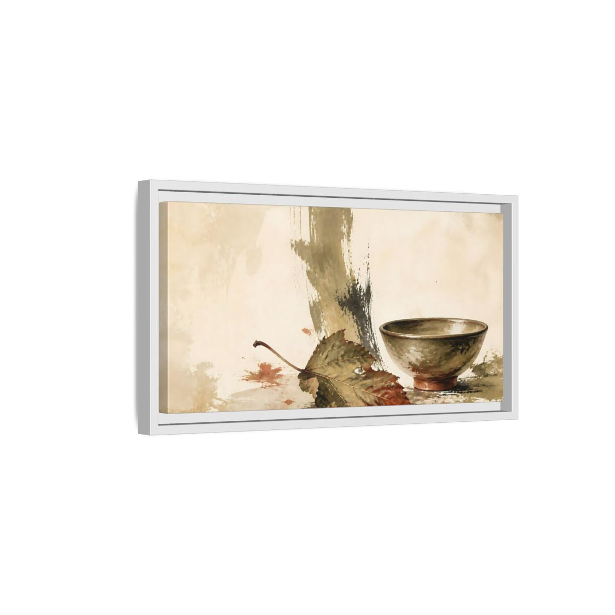 Side Mockup 6. Olive Bowl With Dried Leaf shown as framed canvas print