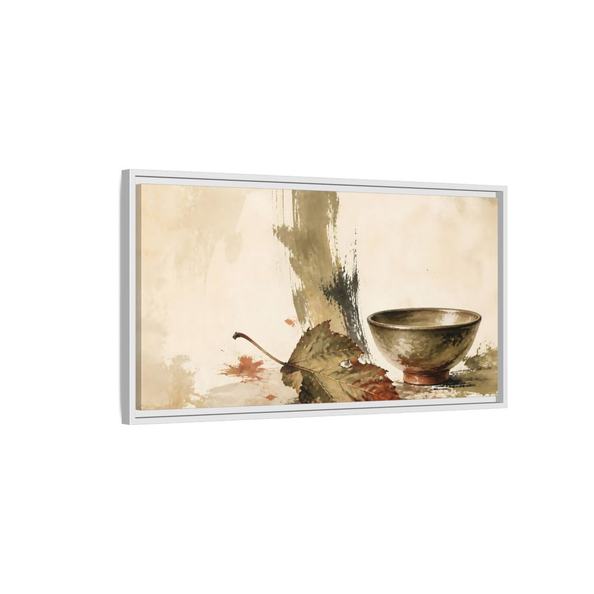 Side Mockup 1. Olive Bowl With Dried Leaf shown as framed canvas print