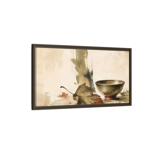 Main Mockup. Olive Bowl With Dried Leaf shown as framed canvas print