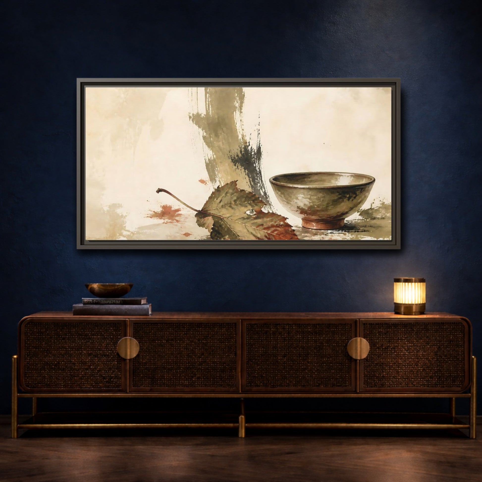 Mockup 4. Olive Bowl With Dried Leaf shown as framed canvas print
