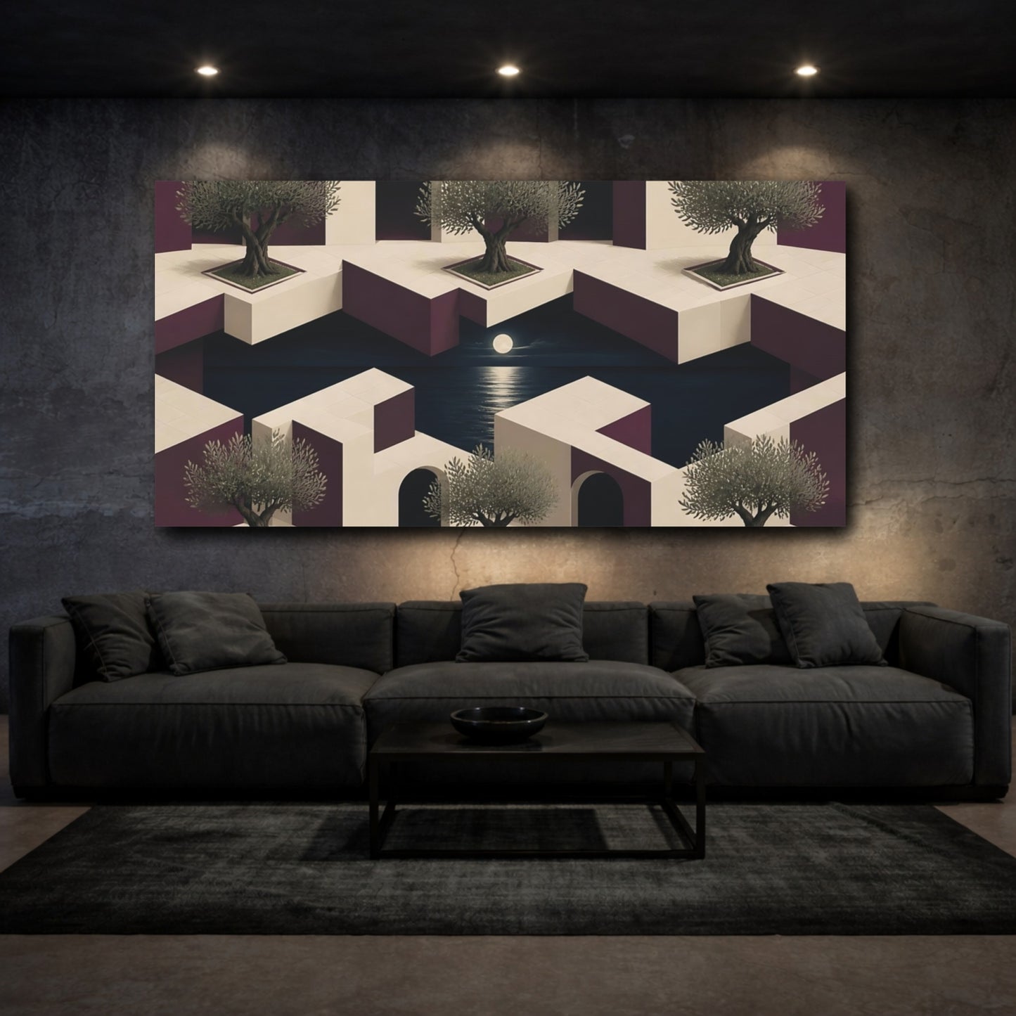 Mockup 3. Olive Courtyard Illusion shown as canvas print