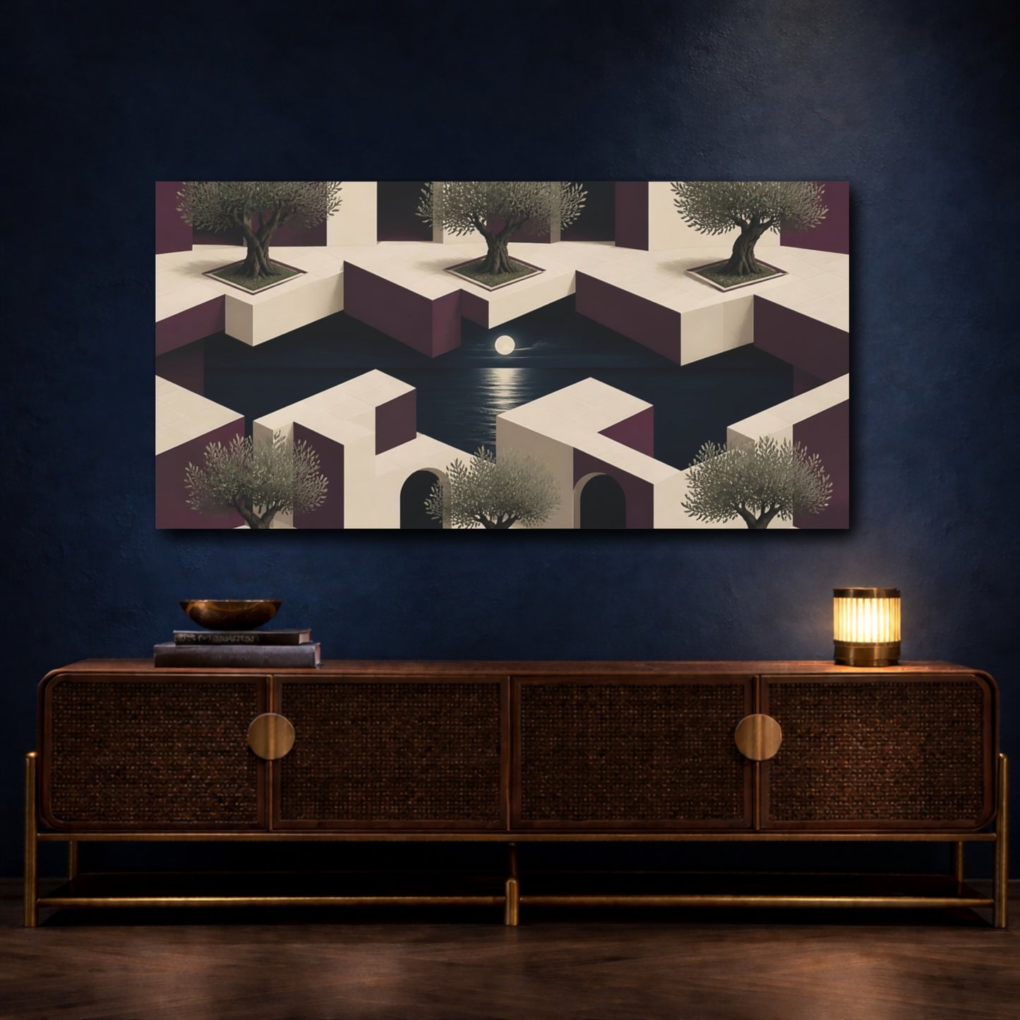 Mockup 4. Olive Courtyard Illusion shown as canvas print