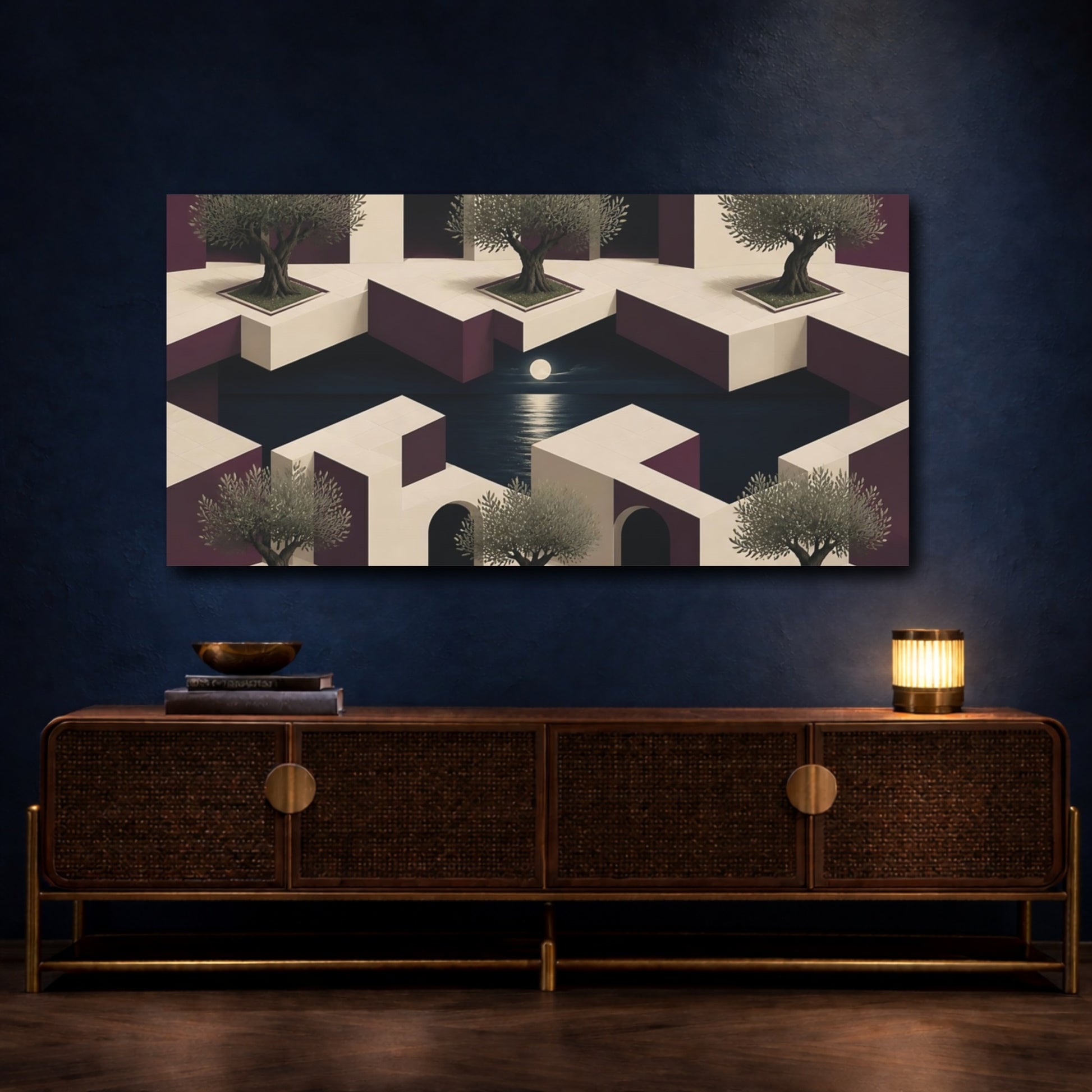 Mockup 4. Olive Courtyard Illusion shown as canvas print